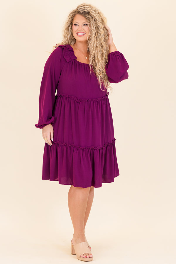 Chic Soul plus size clothing, plum long sleeve mini dress with ruffle tier detailing with round neckline and ruffle detail on shoulders with cuff bubble sleeves