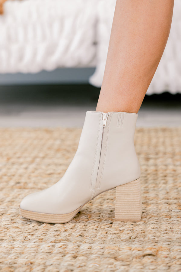 Chic Soul plus size clothing, White leather booties with a zipper on the side and a natural heel 