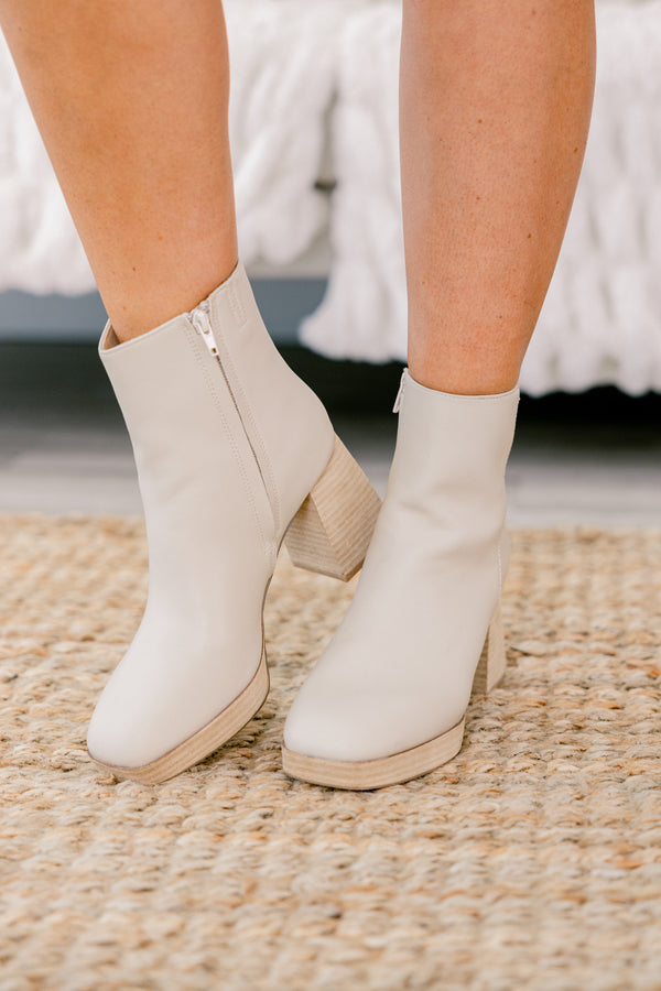Chic Soul plus size clothing, White leather booties with a zipper on the side and a natural heel 