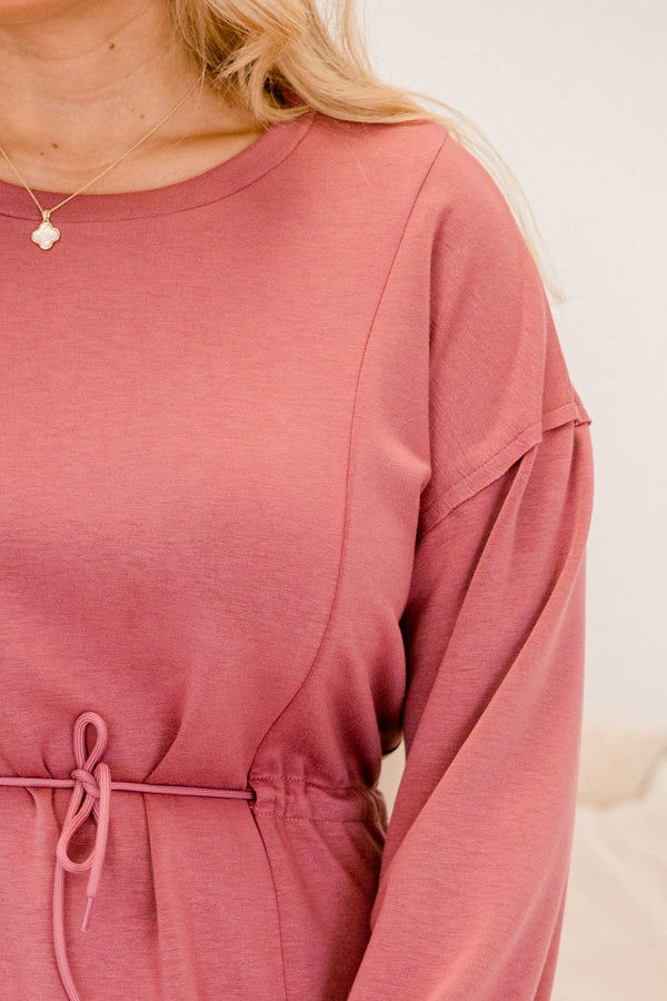Chic Soul plus size clothing, mauve pink long sleeve straight cut sweatshirt dress with drawstring waist
