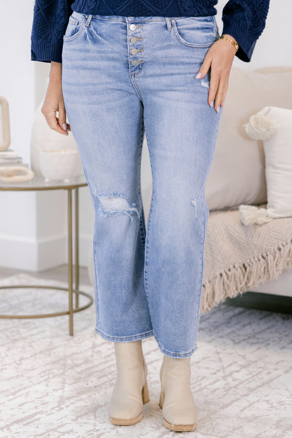 Chic Soul plus size clothing, light wash straight leg jeans with five buttons and distressed rips 