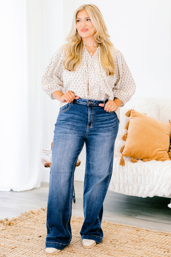 Chic Soul plus size clothing, dark wash flare jeans with two front pockets 