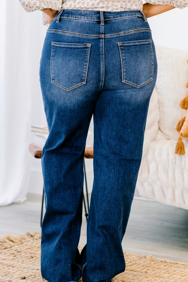 Chic Soul plus size clothing, dark wash flare jeans with two front pockets 