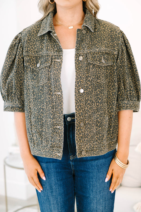 Plus Size leopard print denim jacket with three-quarter puff sleeves and a cropped fit.