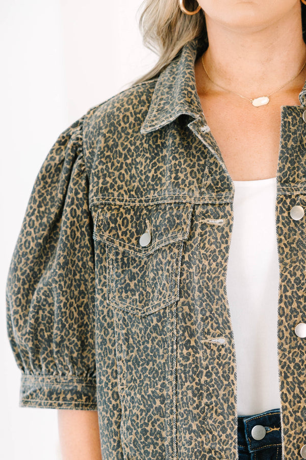Plus Size leopard print denim jacket with three-quarter puff sleeves and a cropped fit.