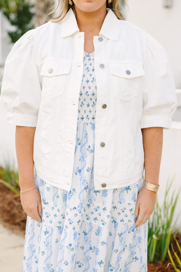 Chic Soul plus size clothing, short puff sleeve white denim button up jacket 