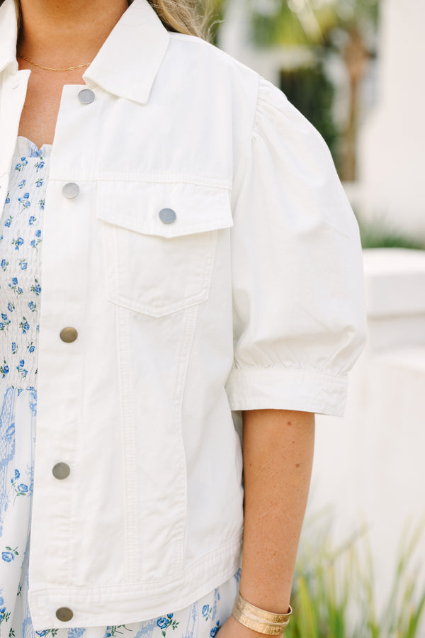 Chic Soul plus size clothing, short puff sleeve white denim button up jacket 