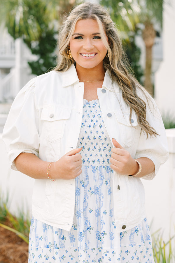 Chic Soul plus size clothing, short puff sleeve white denim button up jacket 