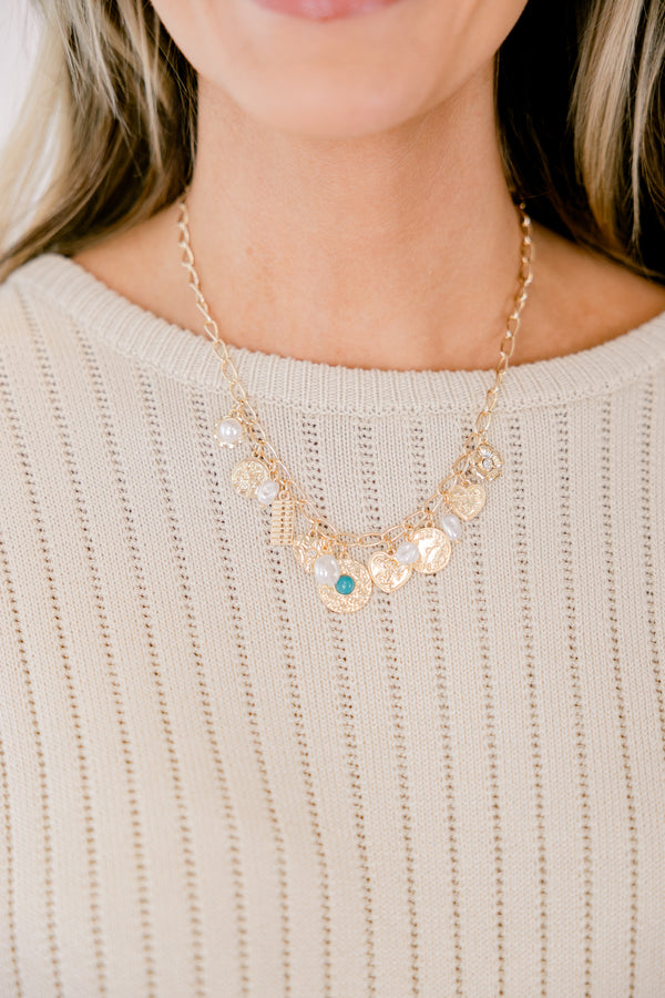 Chic Soul plus size clothing, gold charm necklace with pearl and gold charms 