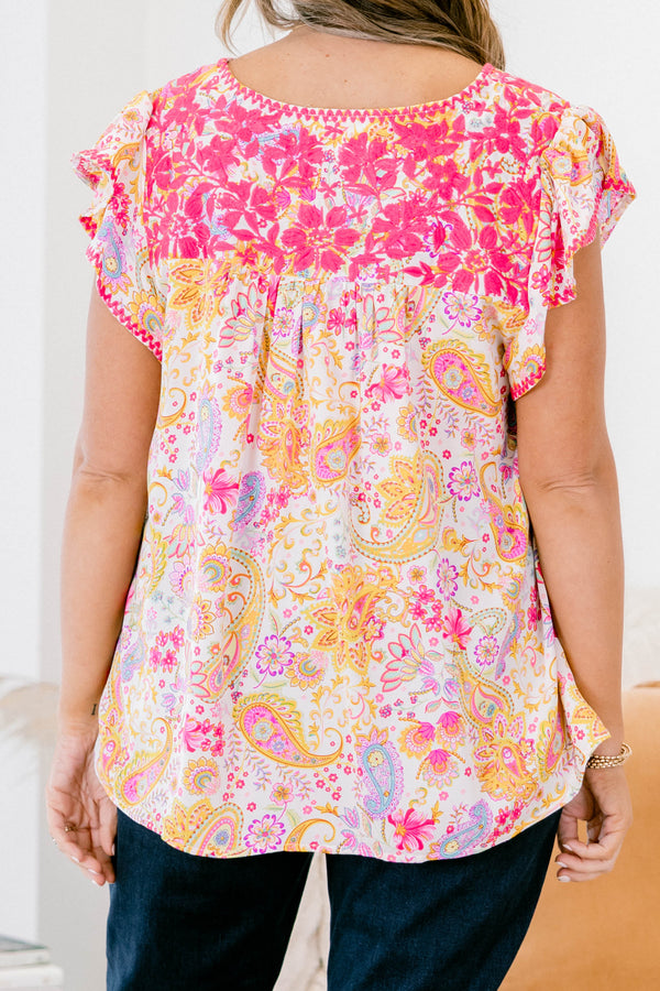 Chic Soul plus size clothing, orange and pink paisley print short flutter sleeve top with pink embroidered details on the chest.