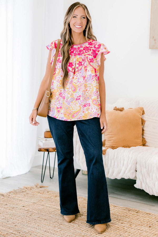 Chic Soul plus size clothing, orange and pink paisley print short flutter sleeve top with pink embroidered details on the chest.