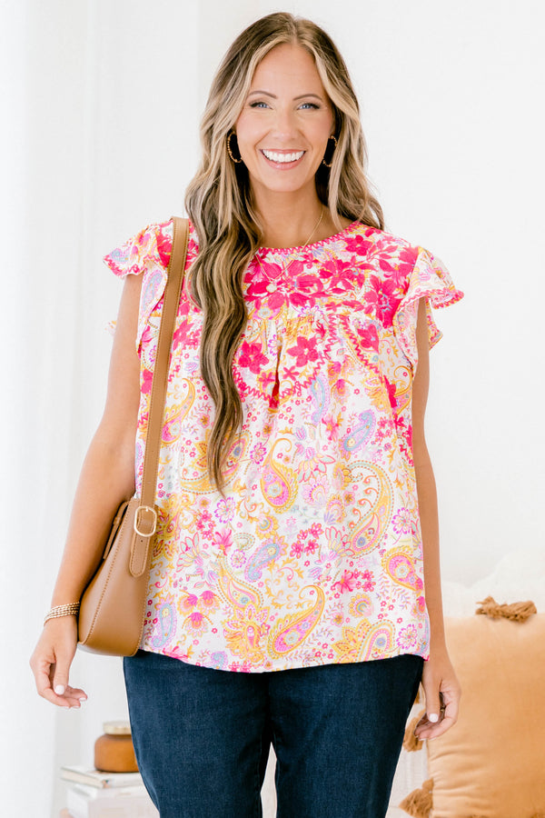 Chic Soul plus size clothing, orange and pink paisley print short flutter sleeve top with pink embroidered details on the chest