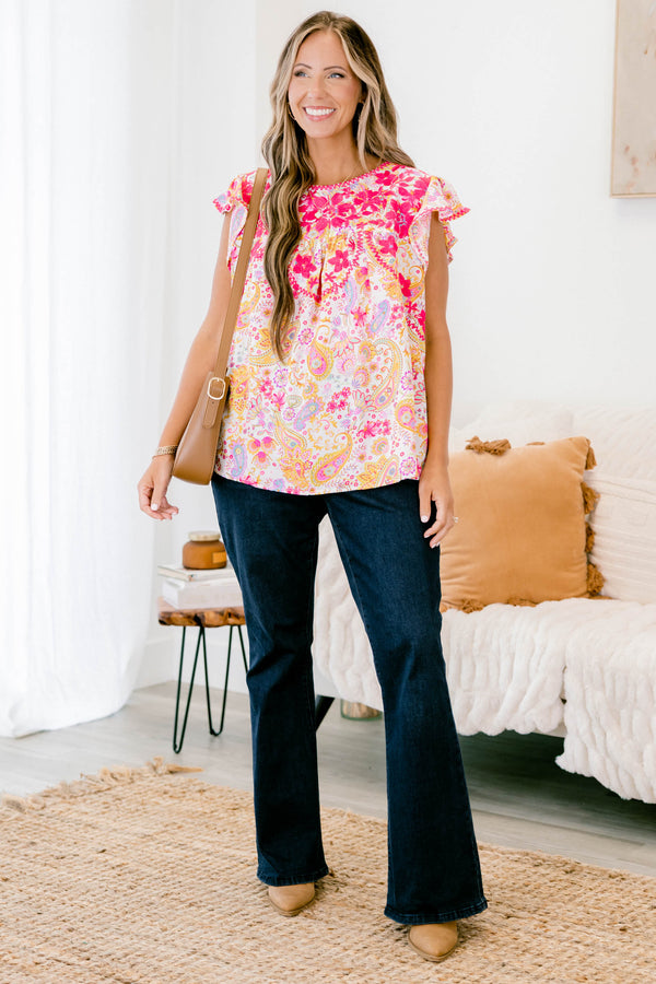 Chic Soul plus size clothing, orange and pink paisley print short flutter sleeve top with pink embroidered details on the chest