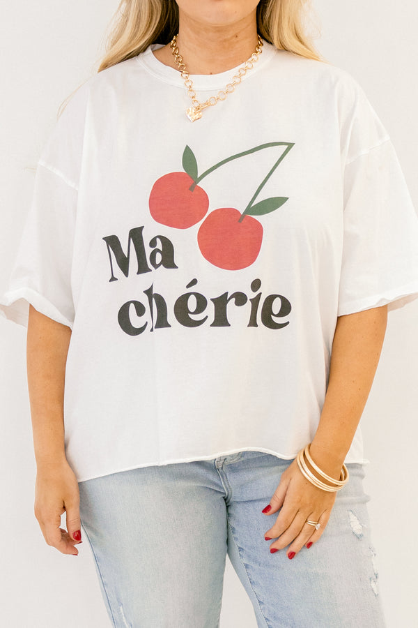 Chic Soul plus size clothing, white, short sleeve, t-shirt with 'Ma Cherie' text across the front