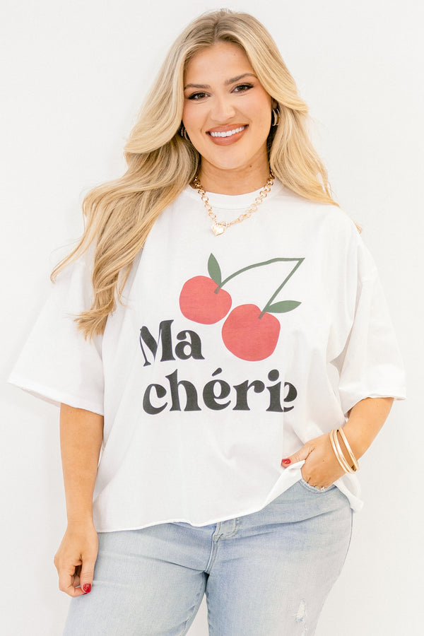 Chic Soul plus size clothing, white, short sleeve, t-shirt with 'Ma Cherie' text across the front