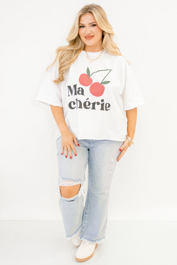 Chic Soul plus size clothing, white, short sleeve, t-shirt with 'Ma Cherie' text across the front