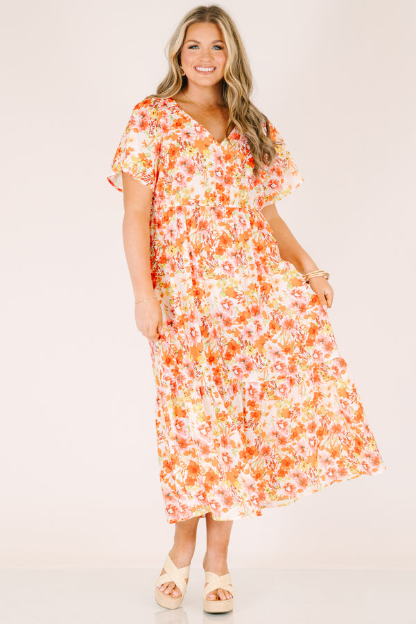 Plus size clothing, pink floral midi dress