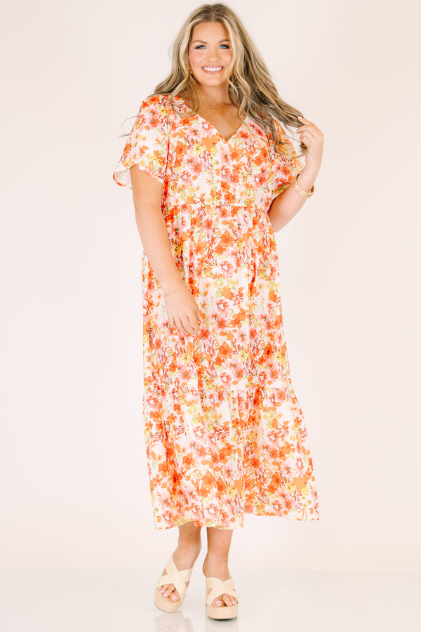 Plus size clothing, pink floral midi dress