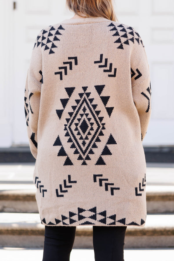 Chic Soul plus size clothing, beige colored cardigan with an black aztec pattern