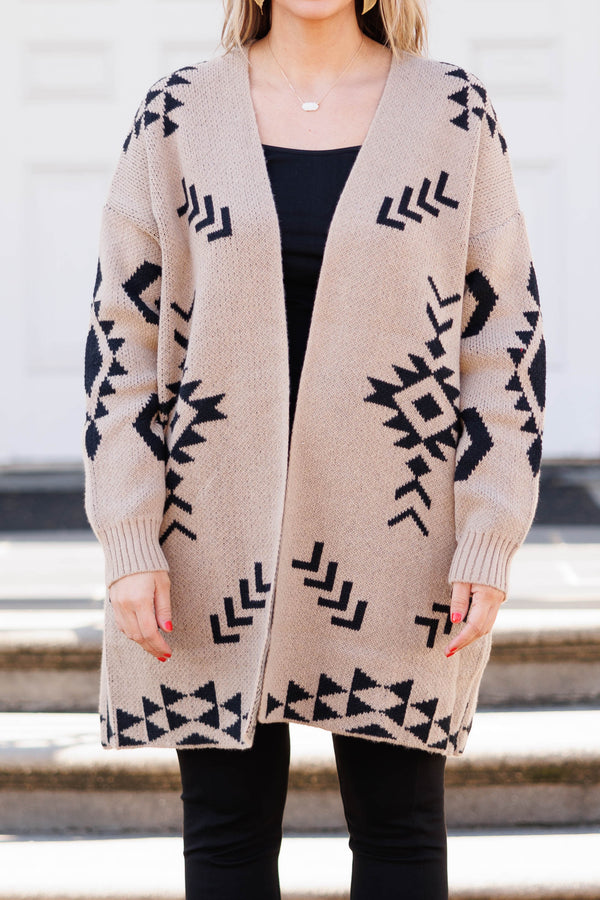 Chic Soul plus size clothing, beige colored cardigan with an black aztec pattern