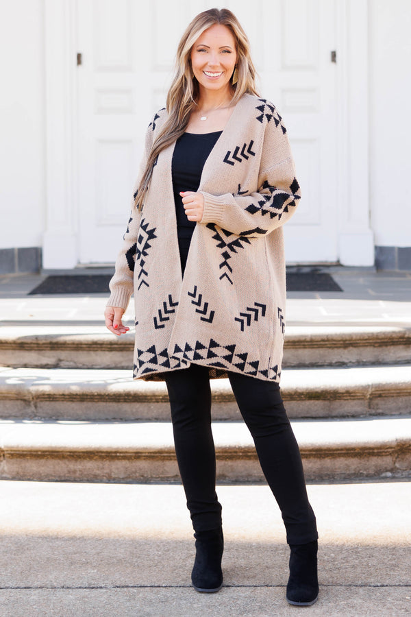Chic Soul plus size clothing, beige colored cardigan with an black aztec pattern