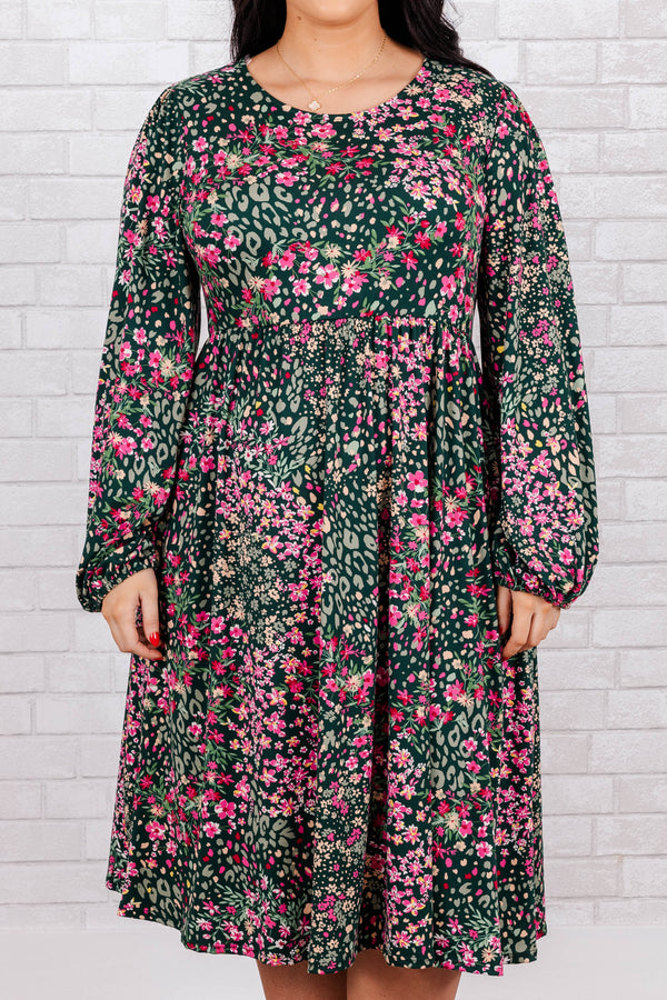 Chic Soul plus size clothing, green midi long sleeve dress with synched waist with pink floral print