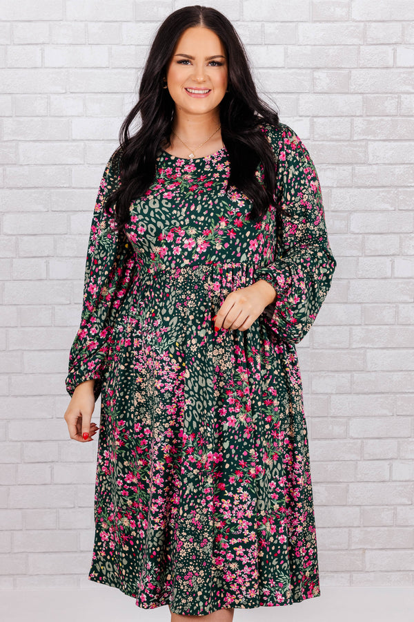 Chic Soul plus size clothing, green midi long sleeve dress with synched waist with pink floral print 