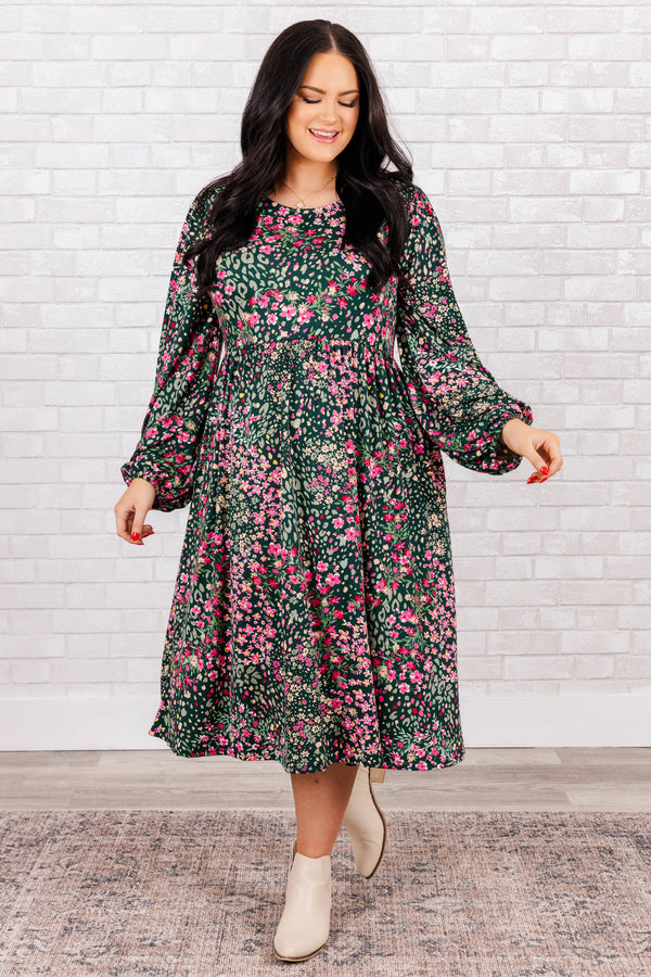 Chic Soul plus size clothing, green midi long sleeve dress with synched waist with pink floral print