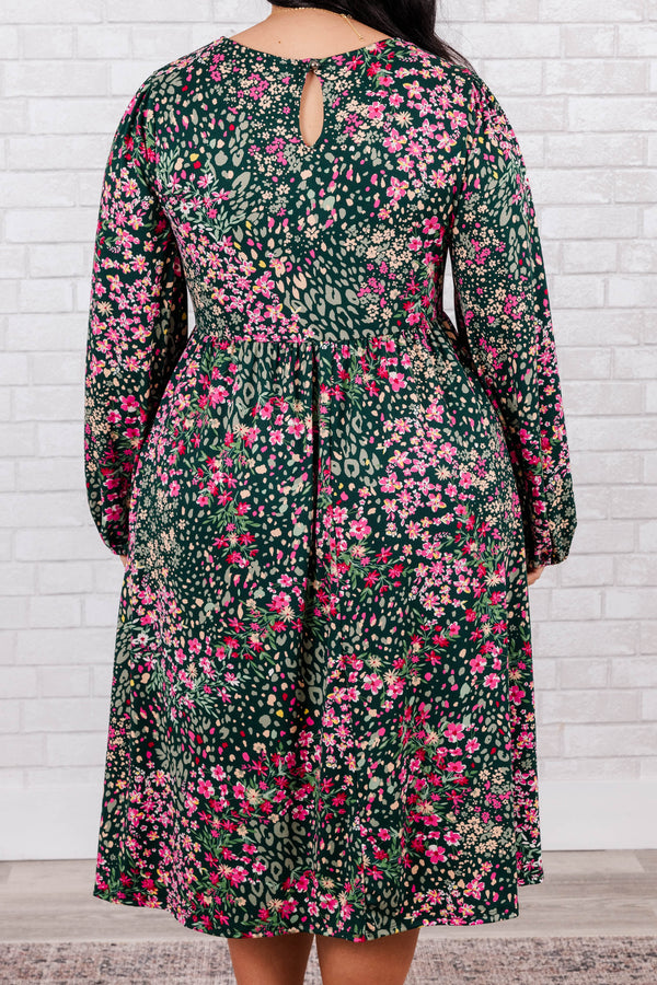 Chic Soul plus size clothing, green midi long sleeve dress with synched waist with pink floral print