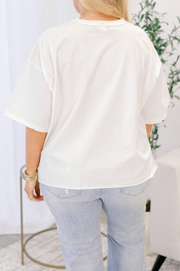 Chic Soul plus size clothing, short-sleeve drop-shoulder vintage white wash tee with a high-scoop-neckline and a graphic stating 