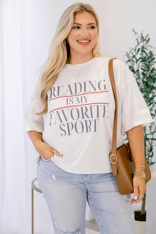 Chic Soul plus size clothing, short-sleeve drop-shoulder vintage white wash tee with a high-scoop-neckline and a graphic stating 