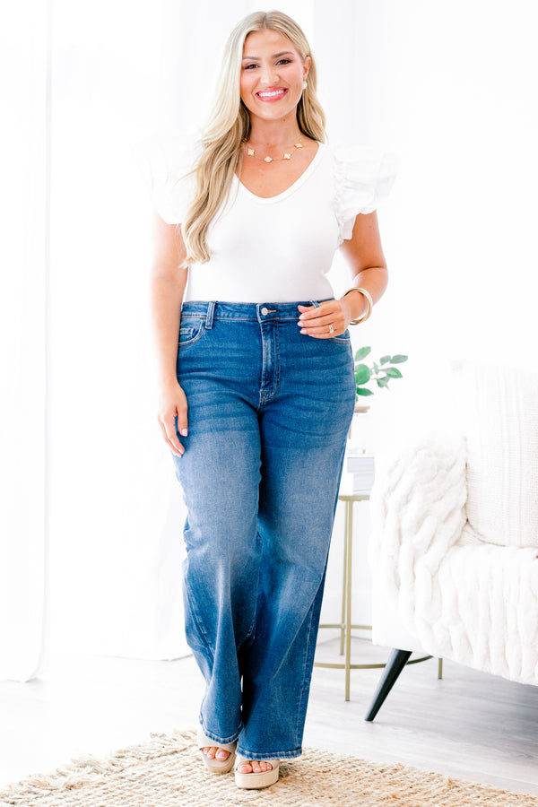 Chic Soul plus size clothing, medium washed flare jeans with front pockets
