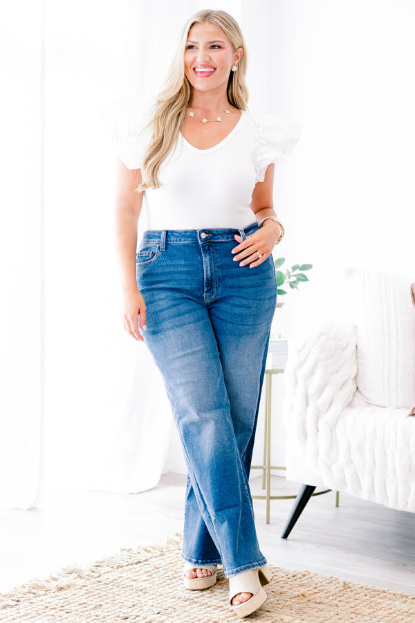 Chic Soul plus size clothing, medium washed flare jeans with front pockets