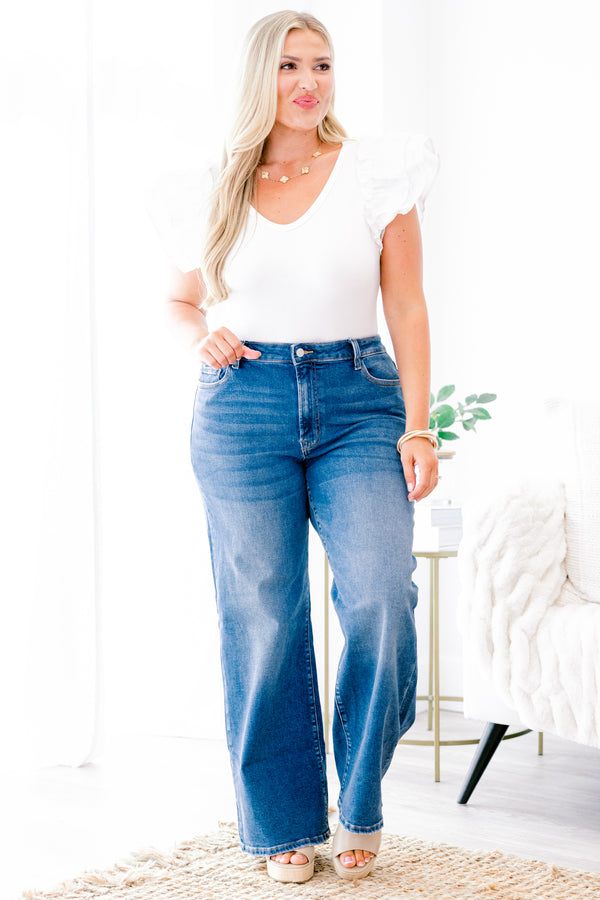 Chic Soul plus size clothing, medium washed flare jeans with front pockets