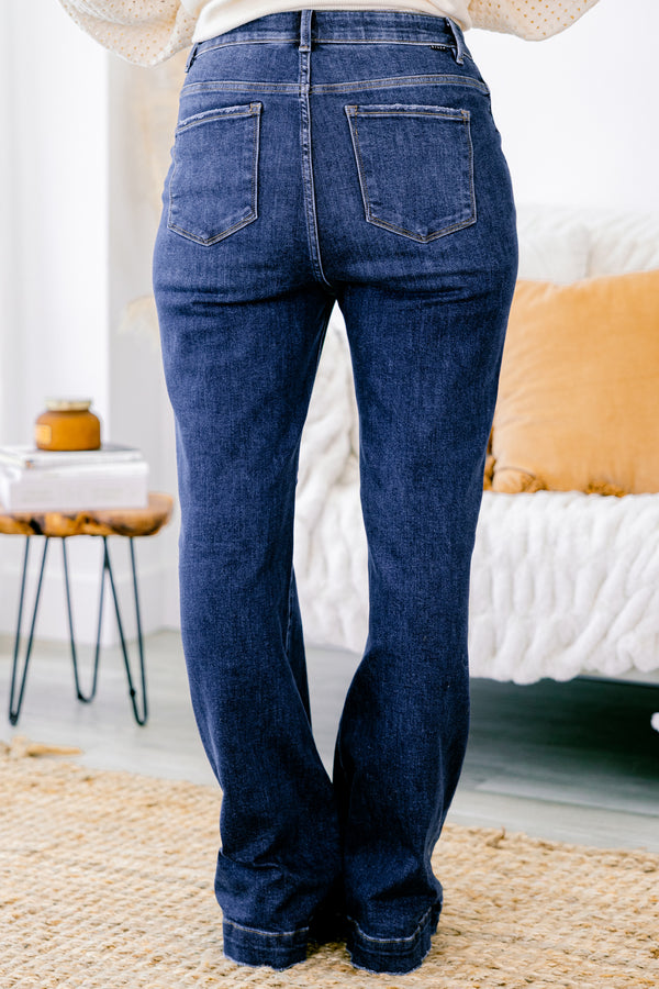 Chic Soul plus size clothing, dark wash denim bootcut jeans with two front pockets