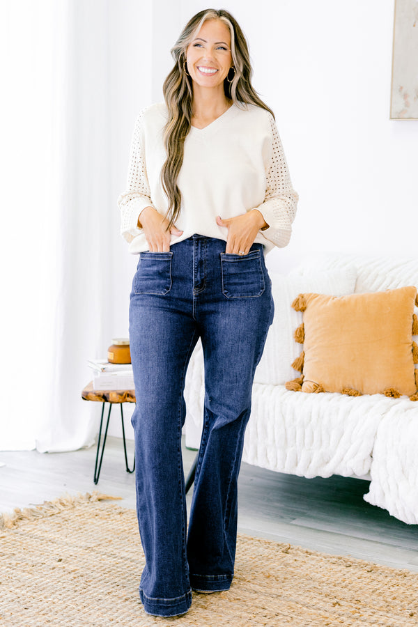 Chic Soul plus size clothing, dark wash denim bootcut jeans with two front pockets