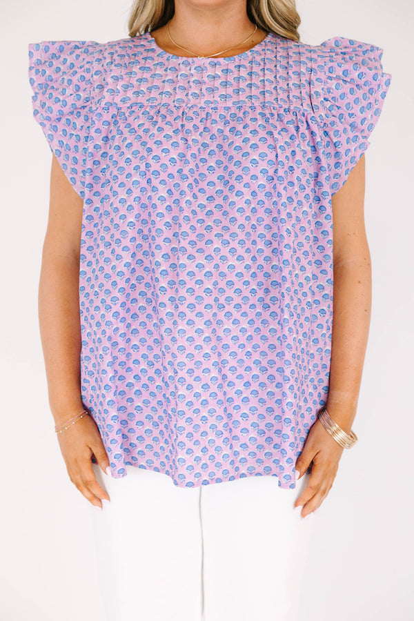 Chic Soul plus size clothing, short-flutter-sleeve pink top with a blue paisley floral abstract pattern 