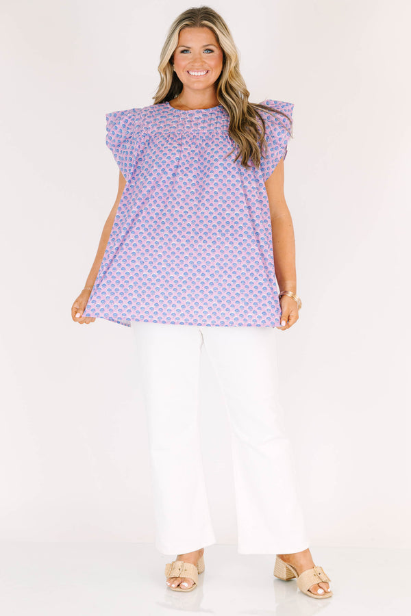 Chic Soul plus size clothing, short-flutter-sleeve pink top with a blue paisley floral abstract pattern 