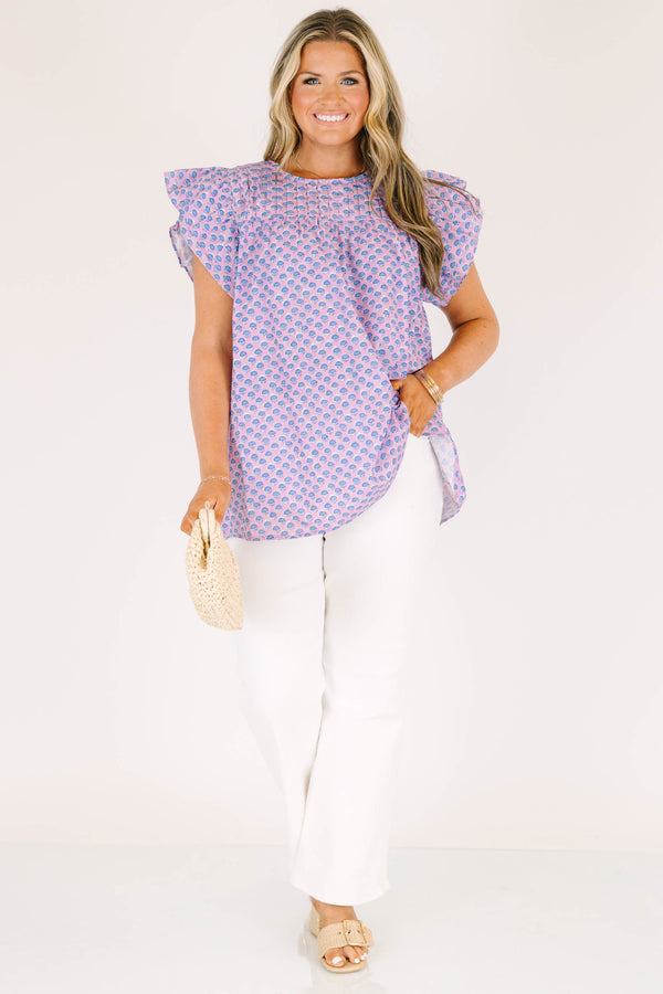 Chic Soul plus size clothing, short-flutter-sleeve pink top with a blue paisley floral abstract pattern 