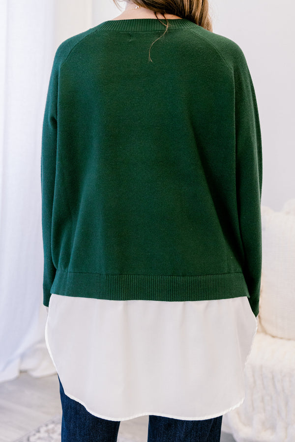 Chic Soul plus size clothing, dark green long sleeve sweater with white blouse style top sticking out from the shirt and sleeves