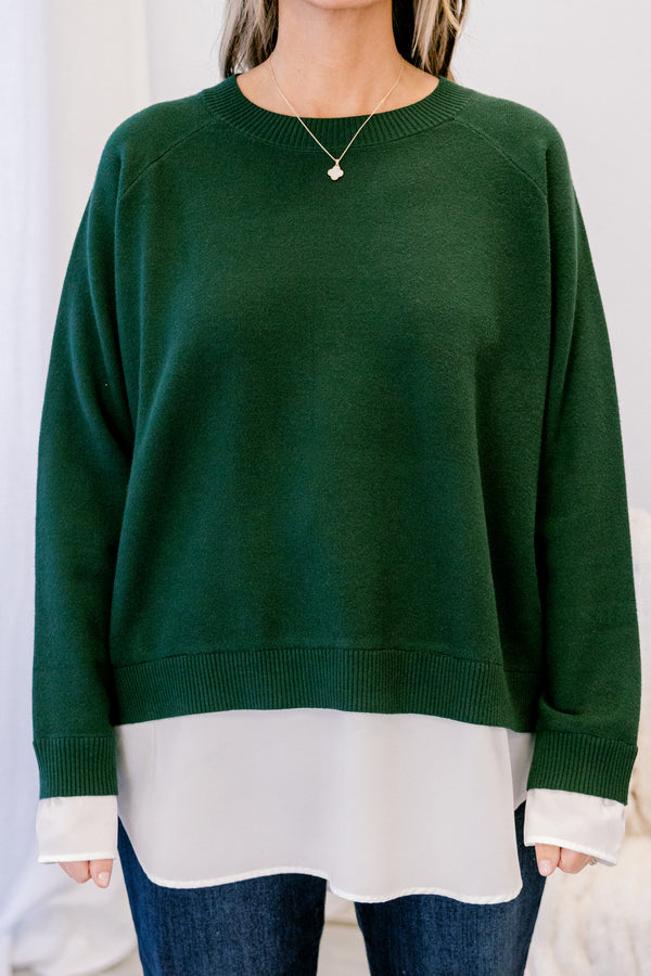Chic Soul plus size clothing, dark green long sleeve sweater with white blouse style top sticking out from the shirt and sleeves