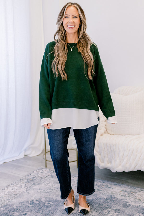 Chic Soul plus size clothing, dark green long sleeve sweater with white blouse style top sticking out from the shirt and sleeves