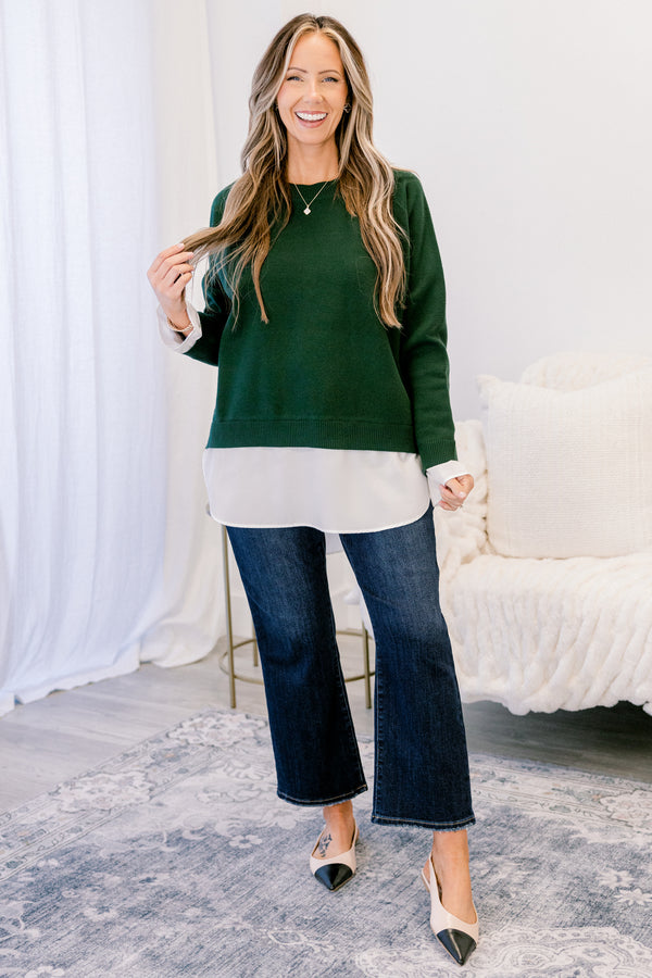 Chic Soul plus size clothing, dark green long sleeve sweater with white blouse style top sticking out from the shirt and sleeves