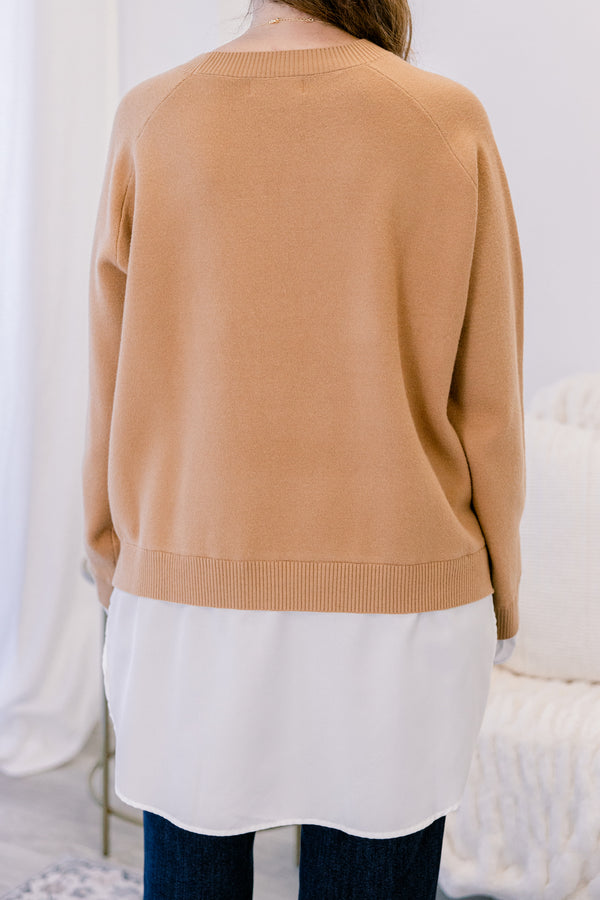 Chic Soul plus size clothing, tan long sleeve sweater with faux white blouse sticking out from the hem and sleeves 