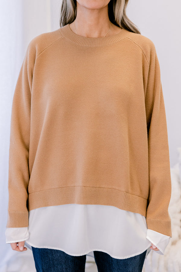 Chic Soul plus size clothing, tan long sleeve sweater with faux white blouse sticking out from the hem and sleeves 