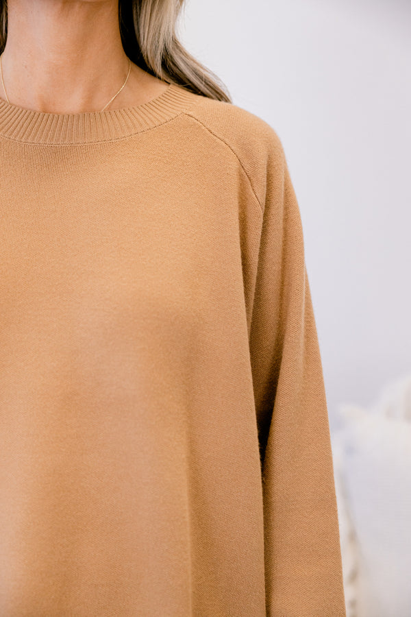 Chic Soul plus size clothing, tan long sleeve sweater with faux white blouse sticking out from the hem and sleeves 