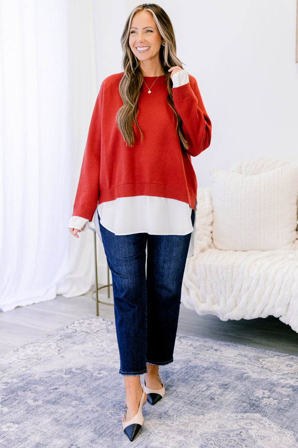 Chic Soul plus size clothing, red long sleeve sweater with white blouse style undershirt sticking out from the hem and sleeves