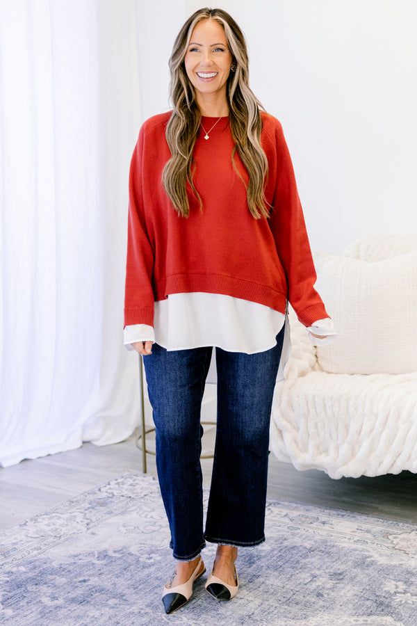 Chic Soul plus size clothing, red long sleeve sweater with white blouse style undershirt sticking out from the hem and sleeves