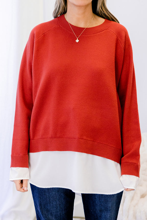 Chic Soul plus size clothing, red long sleeve sweater with white blouse style undershirt sticking out from the hem and sleeves