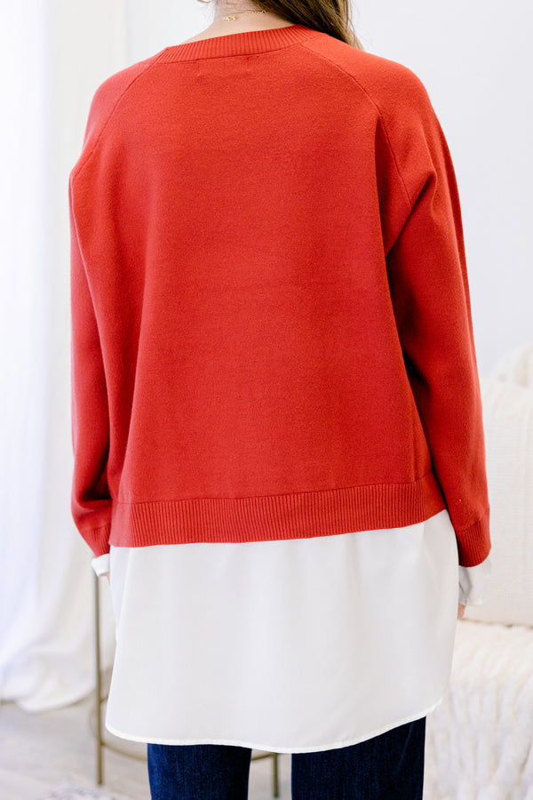 Chic Soul plus size clothing, red long sleeve sweater with white blouse style undershirt sticking out from the hem and sleeves